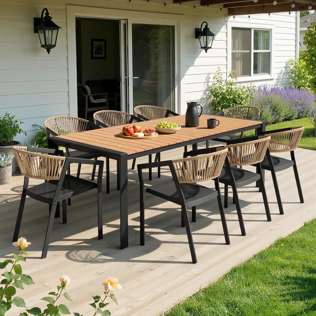 7/9/11-Piece Patio Dining Set for Lawn Backyard Deck Aluminum Table with Umbrella Hole and Wicker Stackable Chairs Set