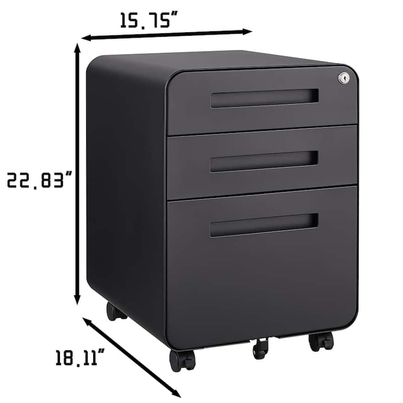 Modern Mobile File Cabinet, Minimalist Style Multifunctional Storage Cabinet with 3 Drawers and Lock, for Home Office, Black
