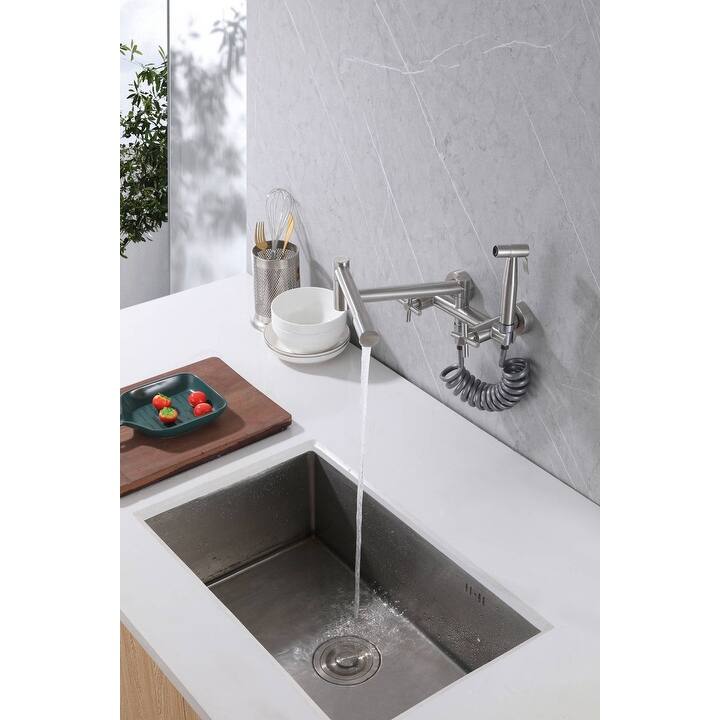 Brushed nickel Pot Filler Faucet Folding Stretchable Brass Hot & Cold Kitchen Faucet Wall Mount with side sprayer