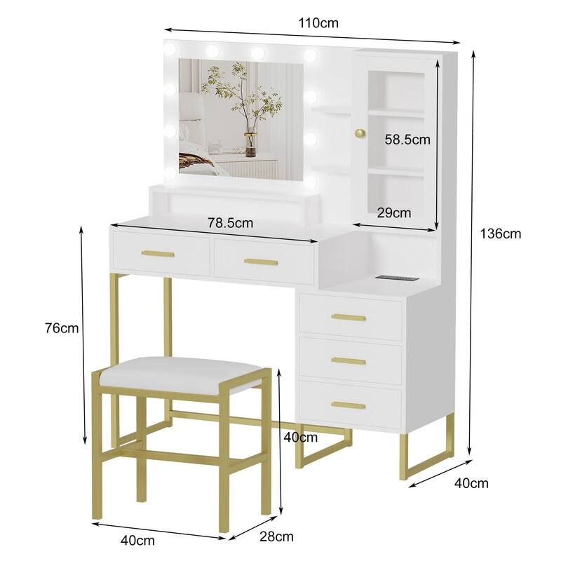 Vanity Desk with Mirror & LED Lights, Charging Station, 5 Drawers, Shelves & Stool