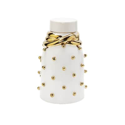 White Ceramic Jar With Gold Elegant Detail And Studded