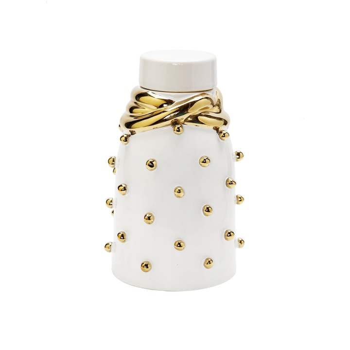White Ceramic Jar With Gold Elegant Detail And Studded