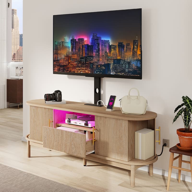 Moasis Mid-Century Modern Fluted TV Stand with Drawer and Adjustable Mount for Living Room - Oak - 60"W