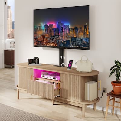 Moasis Mid-Century Modern Fluted TV Stand with Drawer and Adjustable Mount for Living Room