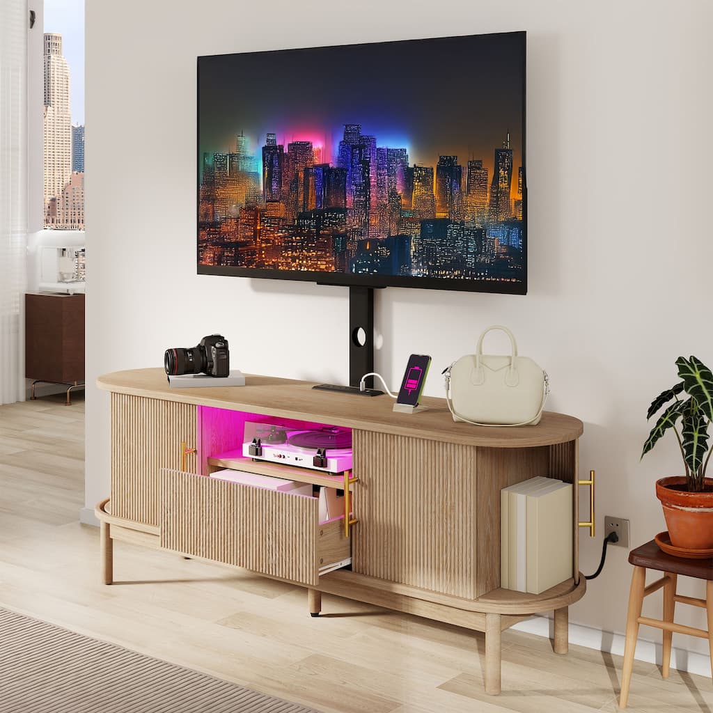 Moasis Mid-Century Modern Fluted TV Stand with Drawer and Adjustable Mount for Living Room