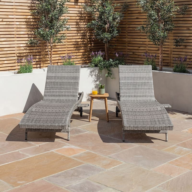 80"Patio Chaise Lounge Chairs Set of 2, Rattan Reclining Chair w/Rolling Wheels & Pull-out Side Table, Adjustable Backrest