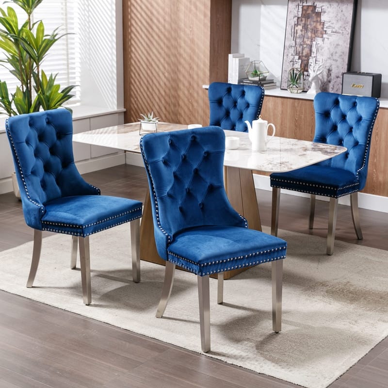 Contemporary Velvet Upholstered Dining Chair Set of 4 - Blue Silver