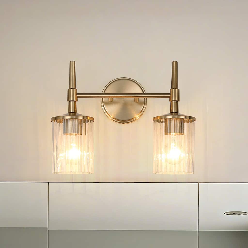Thesis Andrea 15-inch 2-light Champagne Gold Vanity Light with Clear Ribbed Glass Shades
