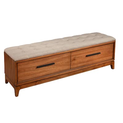 Bench with Fabric Padded Seat and 2 Drawers, Brown