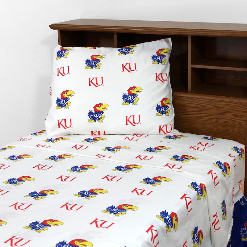 Kansas Jayhawks 100% Cotton Sheet Set - White - Twin