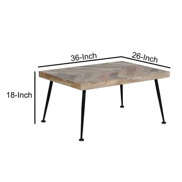 36 Inch Rectangular Mango Wood Coffee Table, Herringbone Design, Iron ...