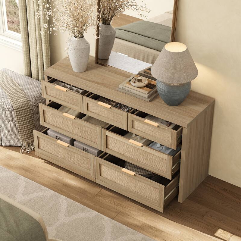 Efficient Storage Dresser with 7 Rattan Drawers