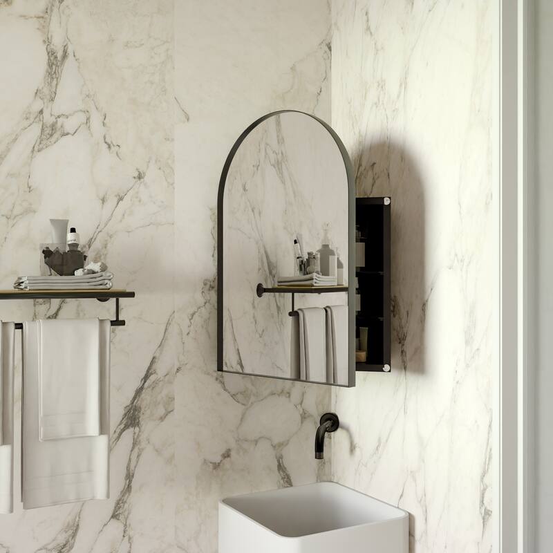 18x24 Inch Metal Corner Medicine Cabinet with Arched Mirror, Adjustable Glass Shelves, Space-Saving Bathroom Storage