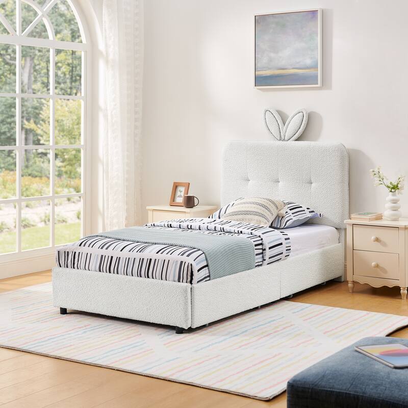 Kids Boucle Upholstered Bed with Rabbit Ear Headboard, LED Music Sync & 4 Drawers