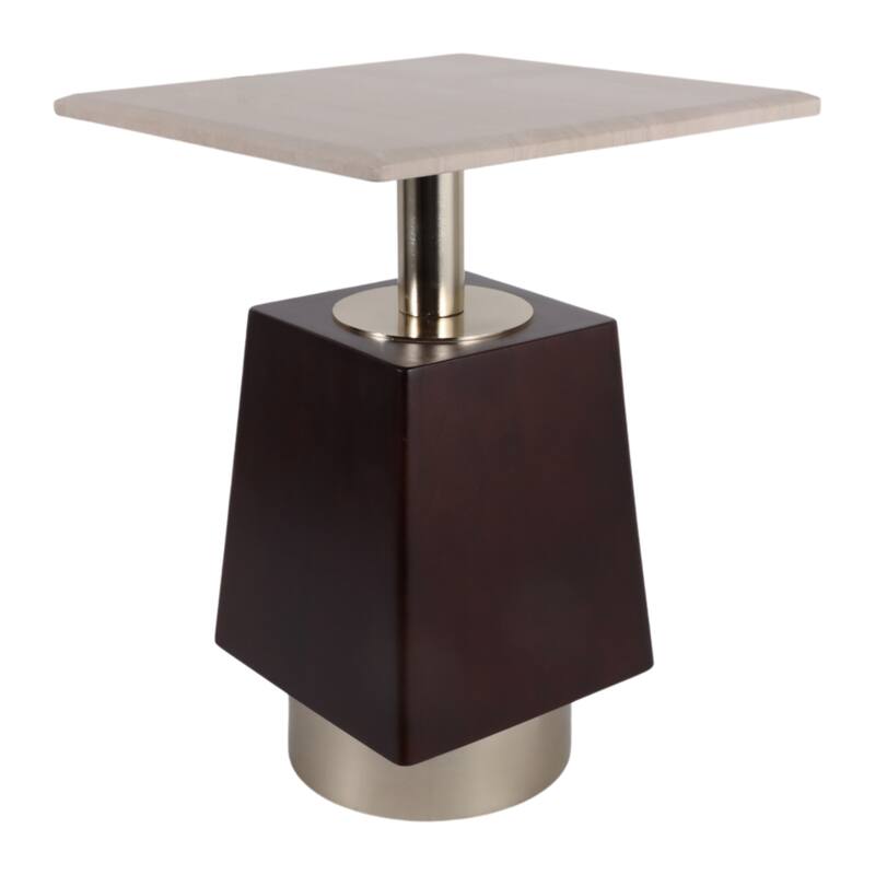 Geometric Wood and Marble Side Table - 21", Brown & Ivory - 20.75"