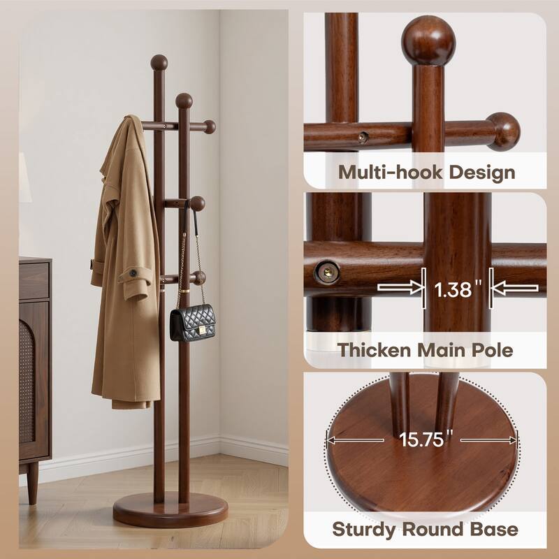 Freestanding Coat Rack Wooden Coat Tree with 6 Hooks and 2 Main Rods - 73.23"H x 15.75"W