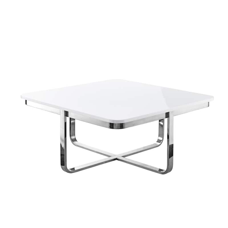 35" Sleek Square Coffee Table with Chrome Cross Legs and Stainless Steel Frame Modern Wood Design - 35.4”L x 35.4”W x 15.6”H - White-Silver