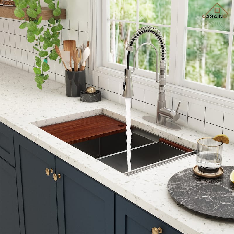 All-in-One Undermount Single Bowl 16 Gauge Nano Brushed Stainless Steel Workstation Kitchen Sink with Accessories and Faucet Set