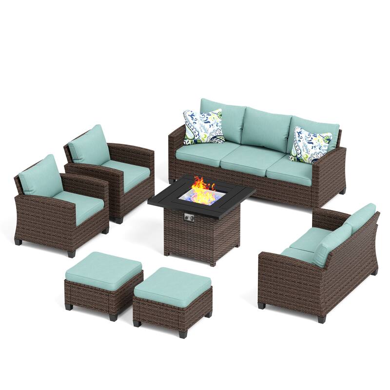 9-Seat Patio Furniture Wicker Rattan Outdoor High-back Sectional Sofa Conversation Set with Firepit Table