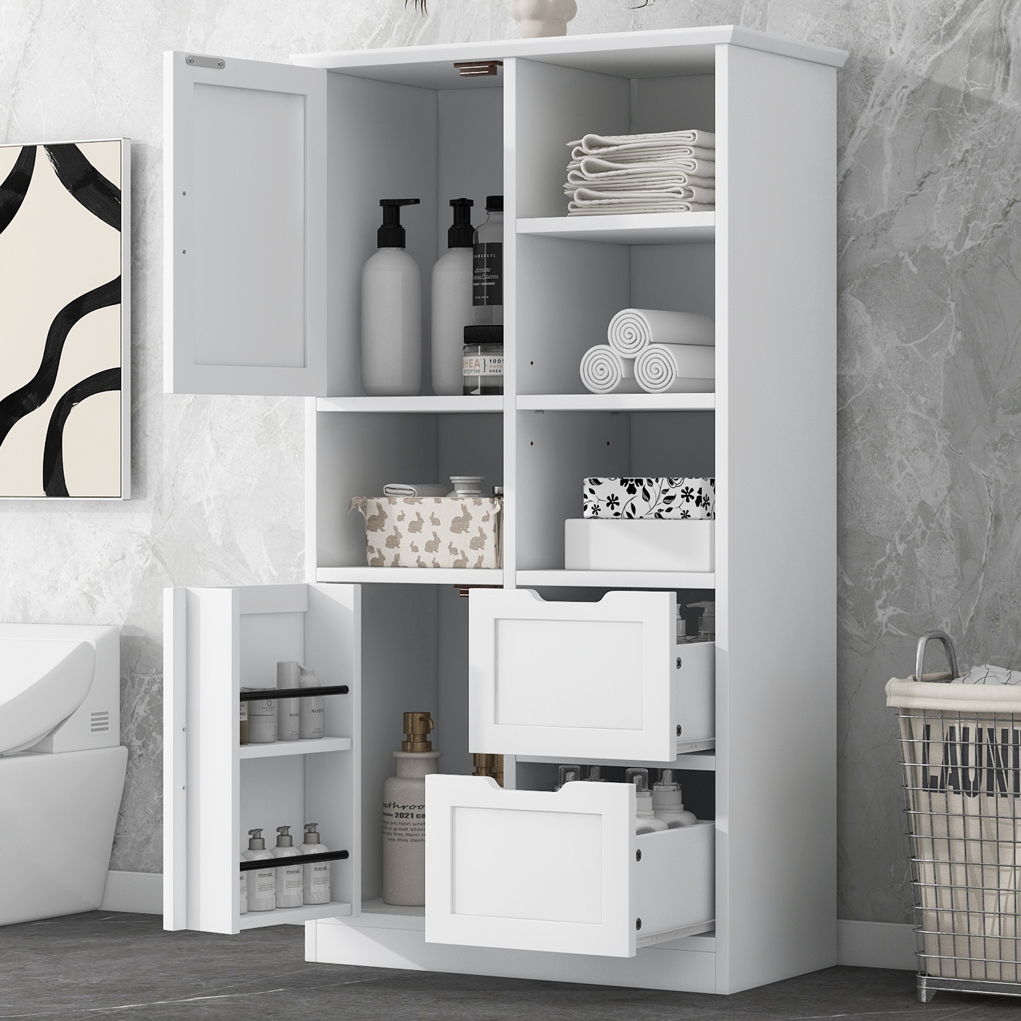 62 Tall and Wide Bathroom Storage Linen Cabinet with 2 Doors 2 Drawers and Open Adjustable Shelf in White