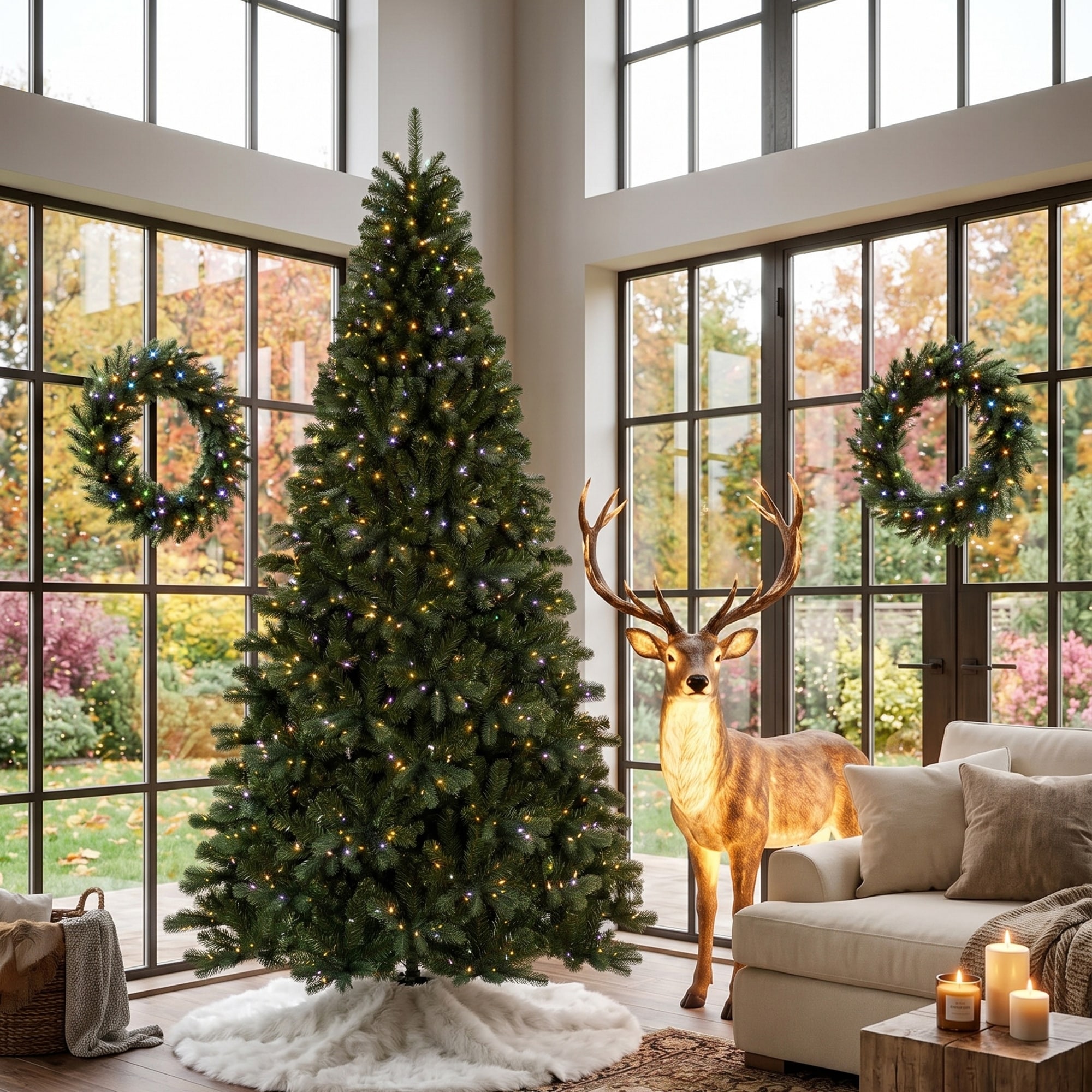 Glitzhome 7.5ft/9ft Pre-Lit Green Full Fir Artificial Christmas Tree with 10 Lighting Mode, Remote Control