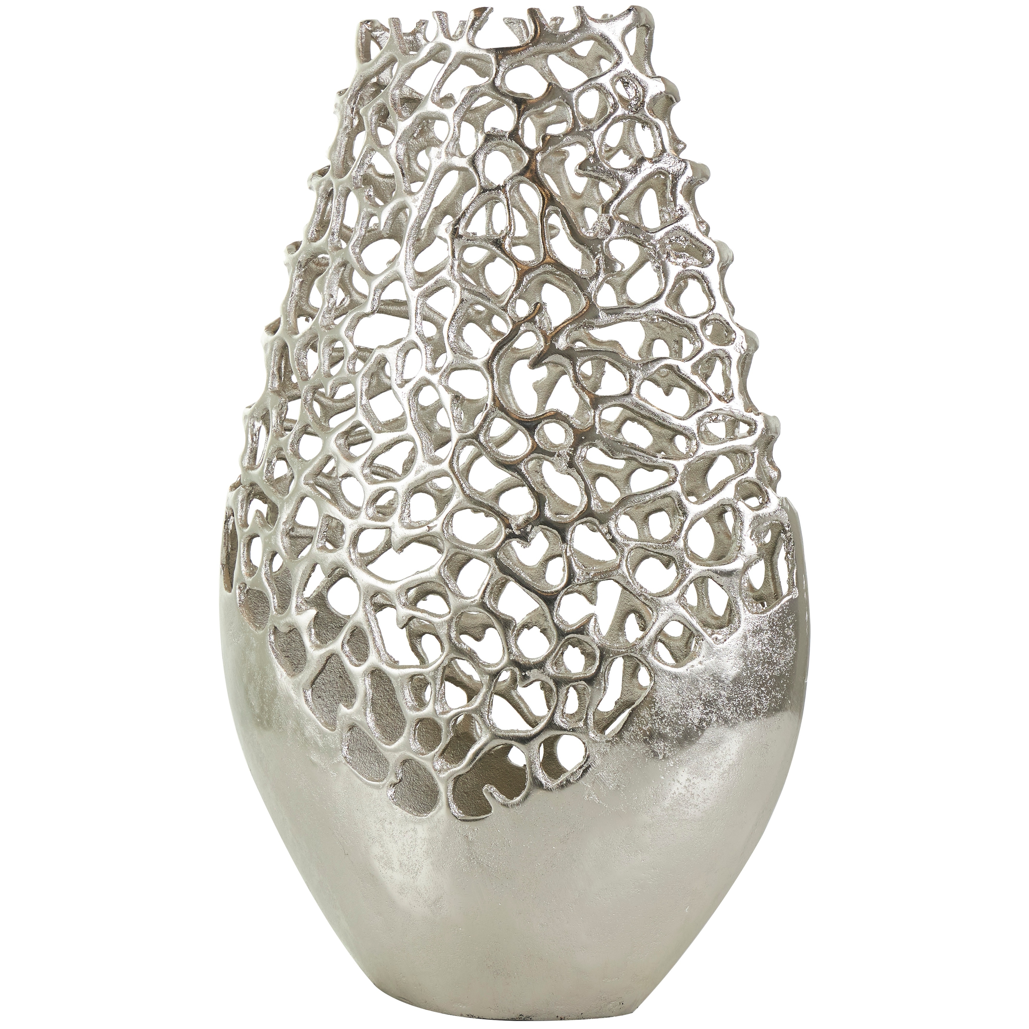 Silver Aluminum Metal Rounded Vase with Freeform Open Lattice Work