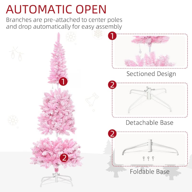 HOMCOM Pre-Lit Snow Flocked Pencil Tree - Realistic Pine Branches, Warm White LED Lights, Auto Open, Pink & White