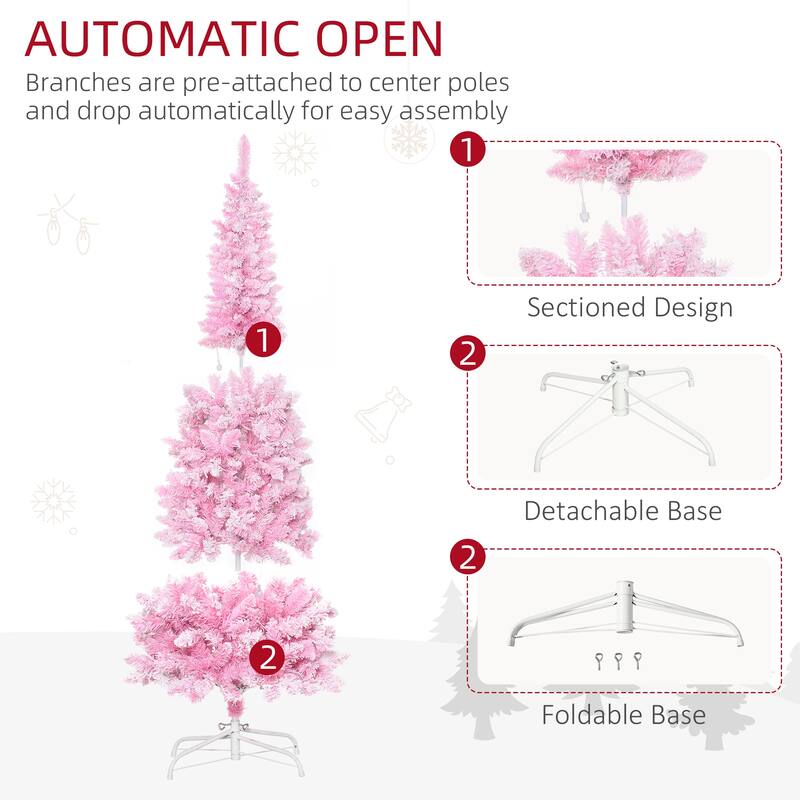 Prelit Snow Flocked 6ft Pencil Tree with 200 Warm White LED Lights and Easy Setup, Xmas Tree for Home Holiday Decor