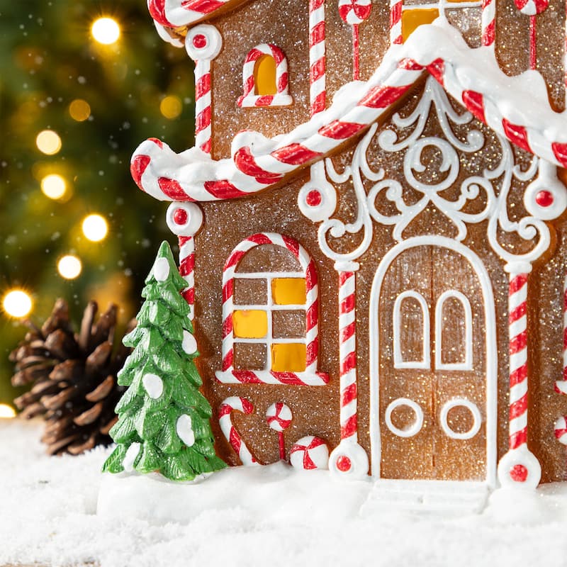 Glitzhome Lighted Christmas Gingerbread House Resin Village Xmas Table Decor Collectible Figurines