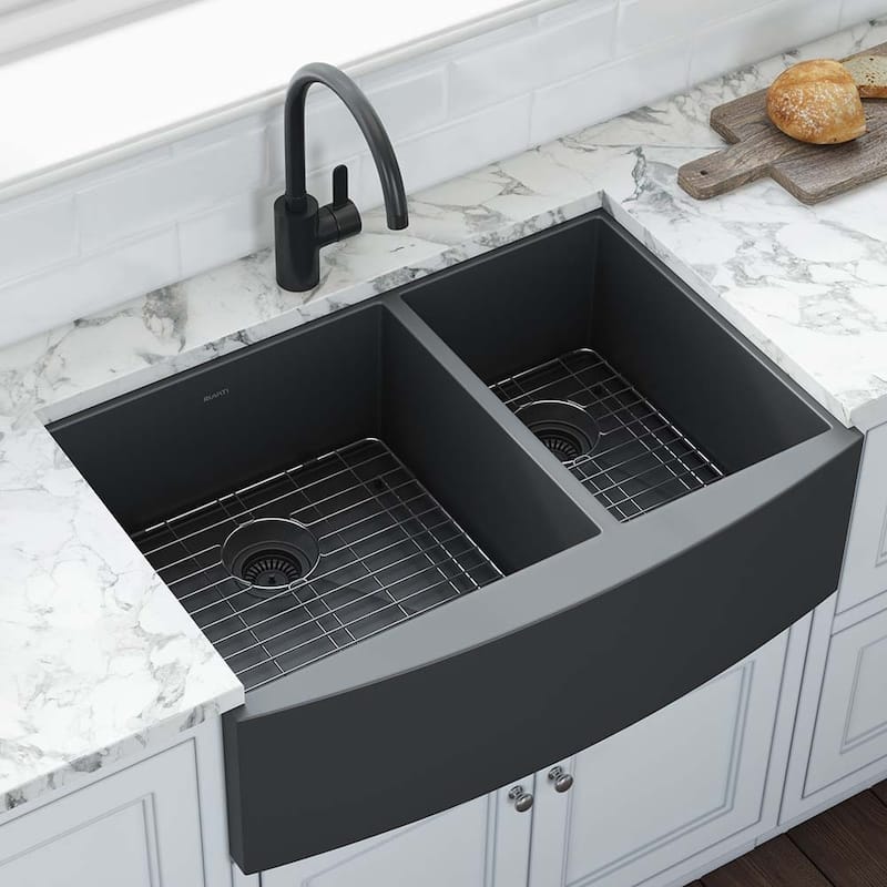 Ruvati 33-inch Gunmetal Black Stainless Steel 60/40 Double Bowl Apron-Front Farmhouse Kitchen Sink -