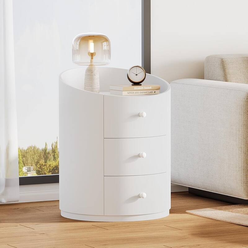 White Round Nightstand, Modern Wood Fully Assembled Bed Side Table with 3 Drawers for Living Room, Bedroom
