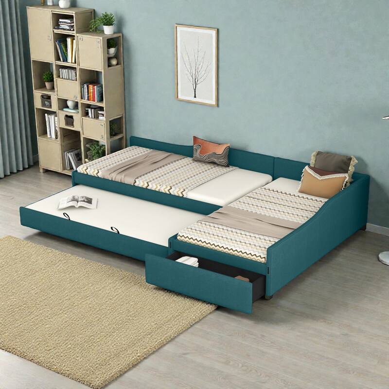 Upholstered Twin Daybed with Trundle and Drawer, Double Twin Linen Sofa Bed No Box Spring
