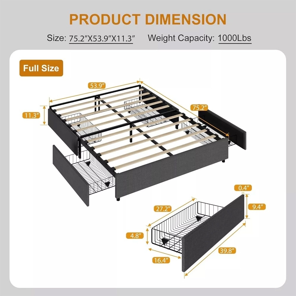 Full Platform Bed Frame Upholstered 4 Drawers No Box Spring Needed