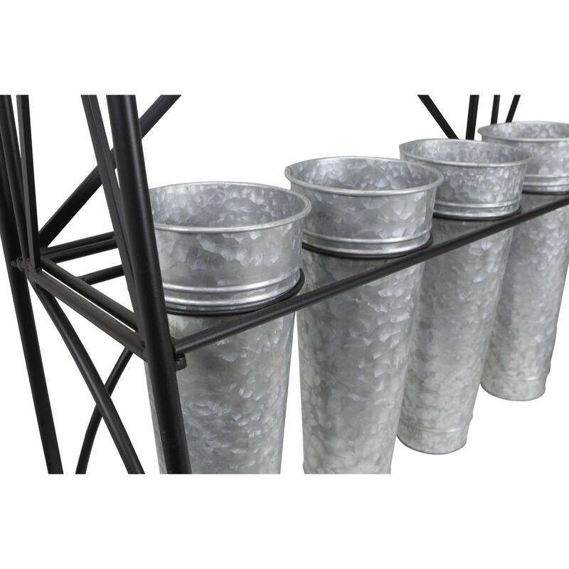 41" Gray and Black Plant Stand with 8 Galvanized Planter Pots