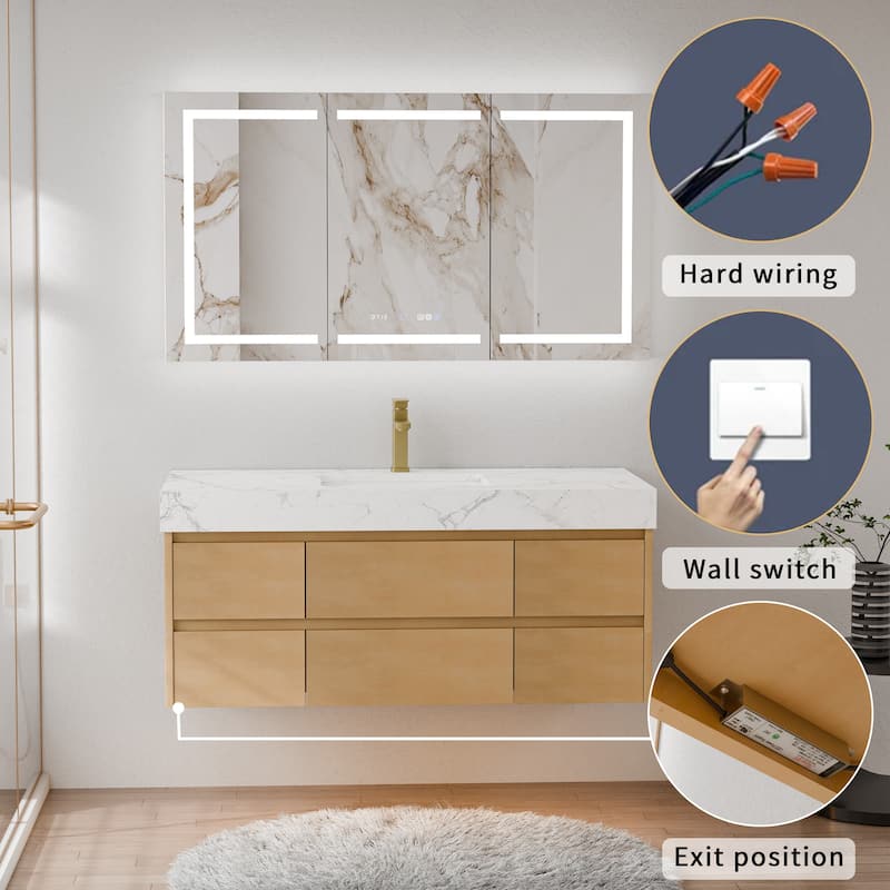 Modland 48" Floating Bathroom Vanity with Single/Double Sink, Modern Maple Wood Wall Mounted Vanity with Marble Countertop