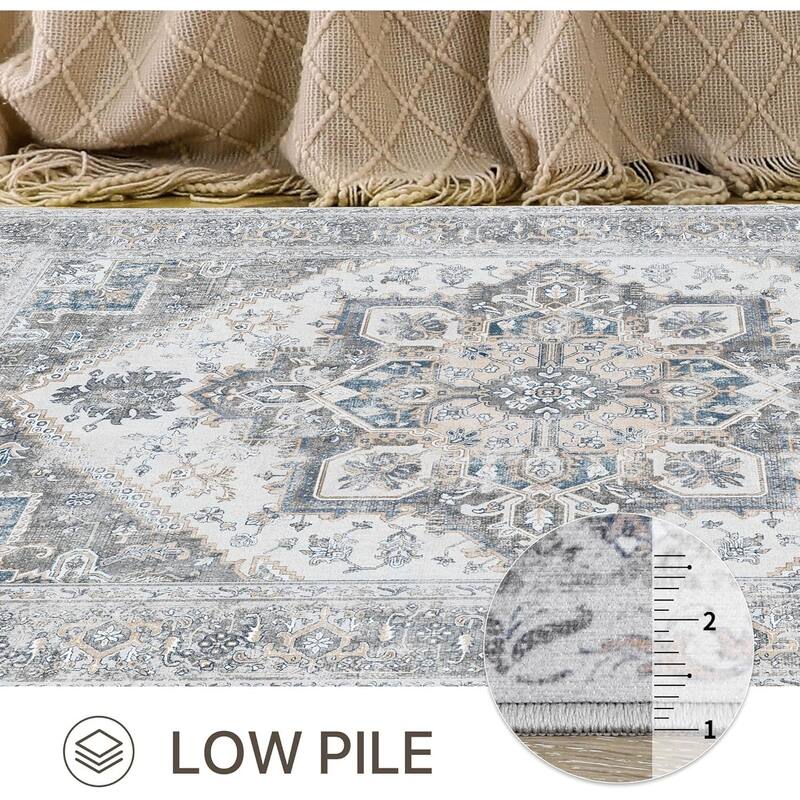 Mcow Vintage Gray Classical Pattern Ultra-Thin Low-Pile 5x7 Non-Slip Washable Area Rug - 5' x 7'