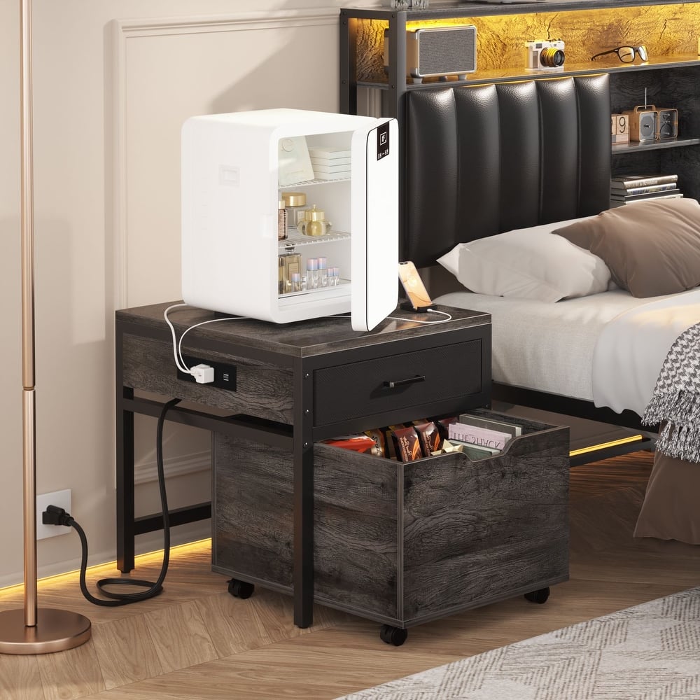 Modern Farmhouse Nightstand with Charging Station, Living Room End Table with Rolling Cabinet