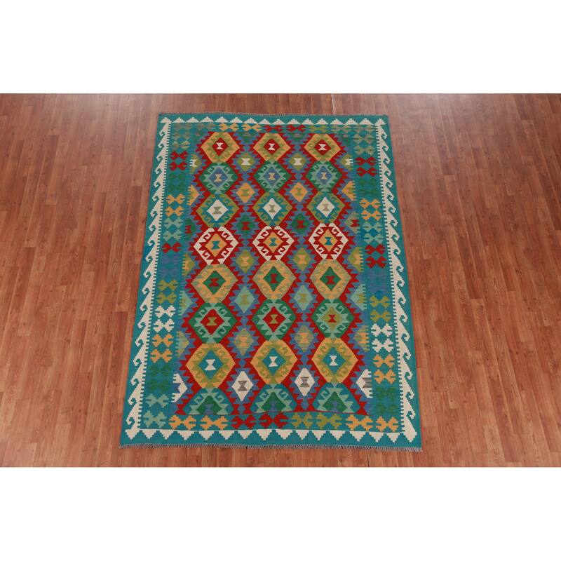 Hand Woven Oriental 100% Wool Carpet Southwestern All-Over Multi-Colored Kilim Area Rug - 8' 2'' X 5' 8''