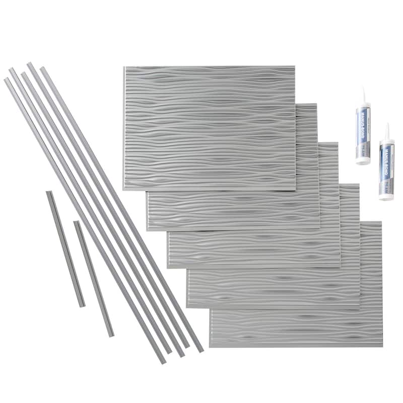 FASÄDE Waves Decorative Vinyl Backsplash Panel - 15 Sq Ft Kit - Argent Silver