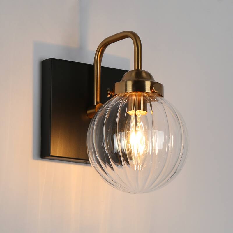 Modern Black Gold 1-Light Ribbed Globe Glass Wall Sconce Classic Vintage Design for Bathroom Vanity Lights