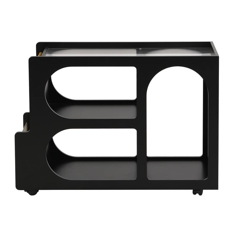 Roomfitters Mobile End Table with Lockable Wheels, Narrow Coffee Table with Fluted Tempered Glass and Golden Rod Design