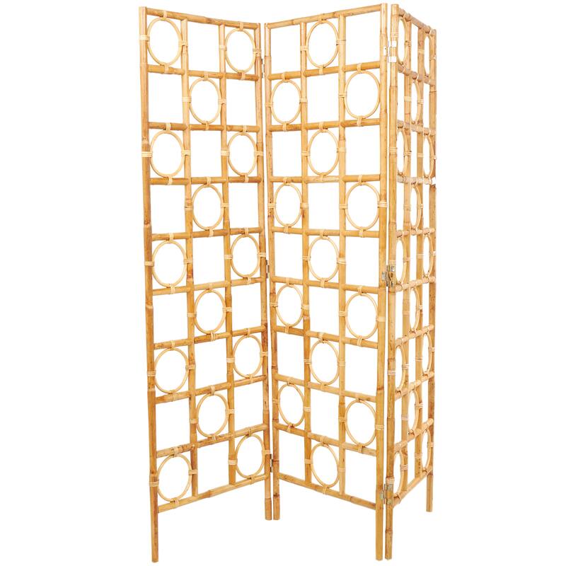 Brown Rattan Handmade Woven Geometric 3 Panel Geometric Partition Room Divider Screen with Open Frame Design