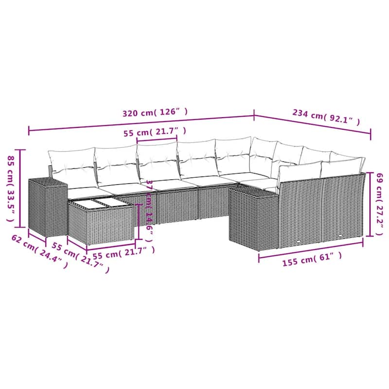 vidaXL Patio Sofa Set with Cushions Outdoor Furniture 10 Piece Poly Rattan