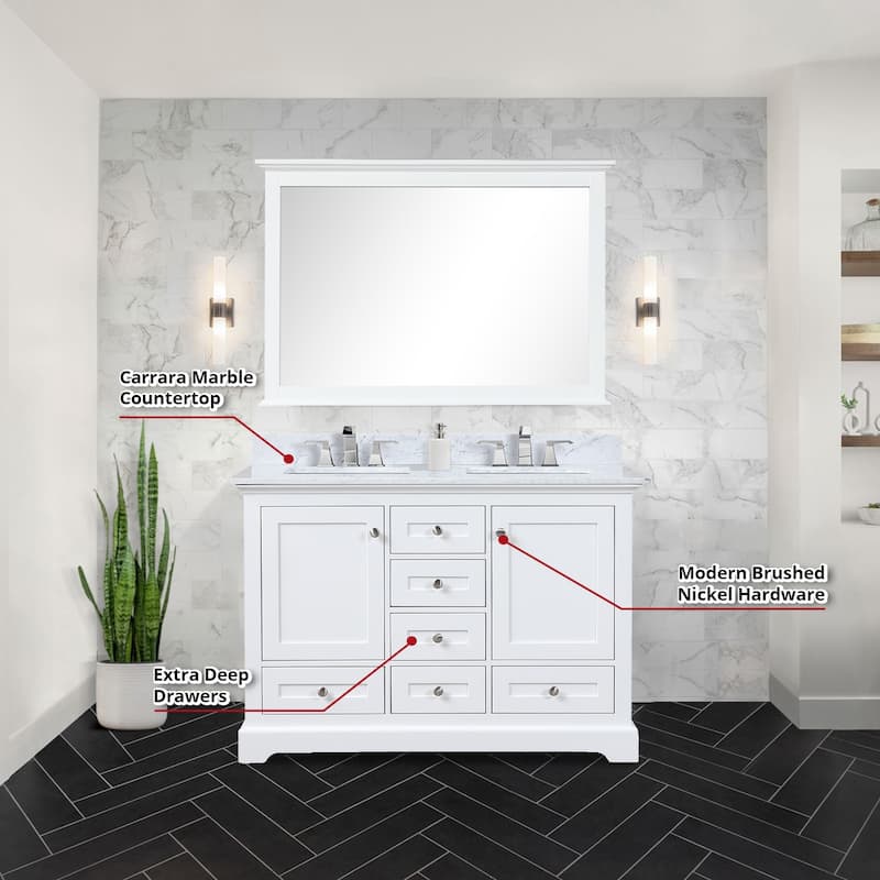 Dukes 48 in. W x 22 in. D White Double Bath Vanity, Carrara Marble Top,