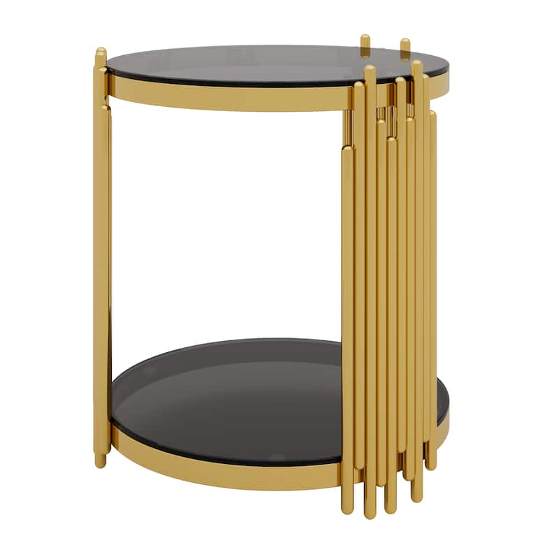 Round Gold & Glass End Table with 2-Tier Shelf and Sculptural Metal Base by Harper&Bright Designs