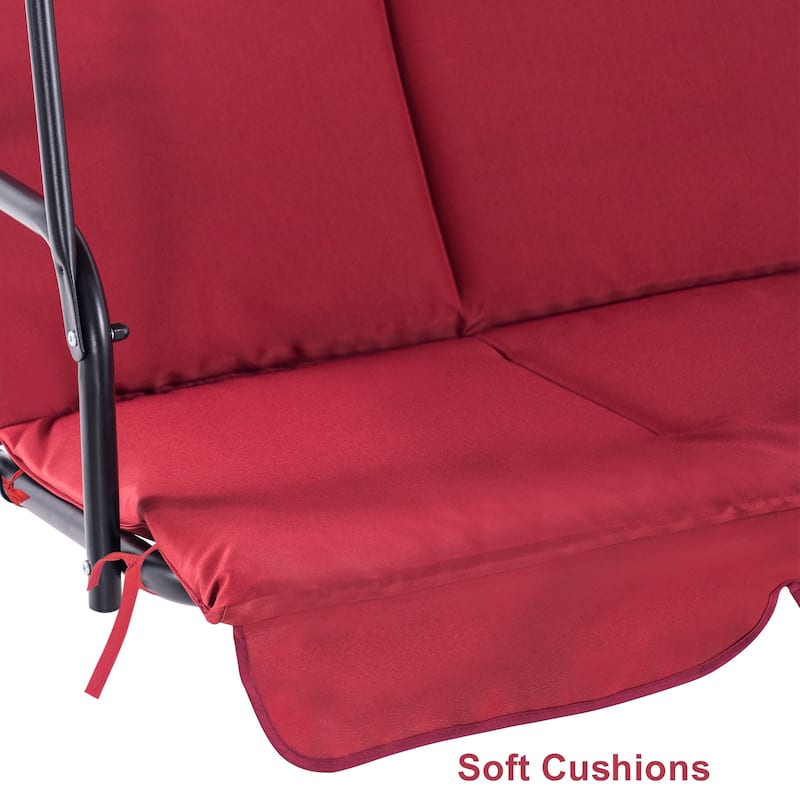MCombo 3-Person Patio Swing Chair, Adjustable Canopy Hanging Swing, Removable Cushions, 4003 - Red