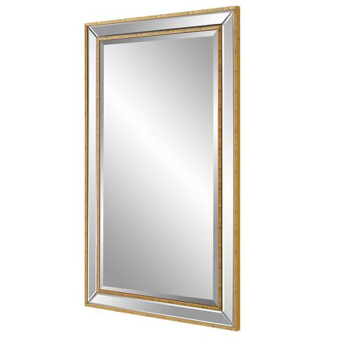 40 Inch Wood Rectangular Wall Mirror, Beveled Panel, Gold