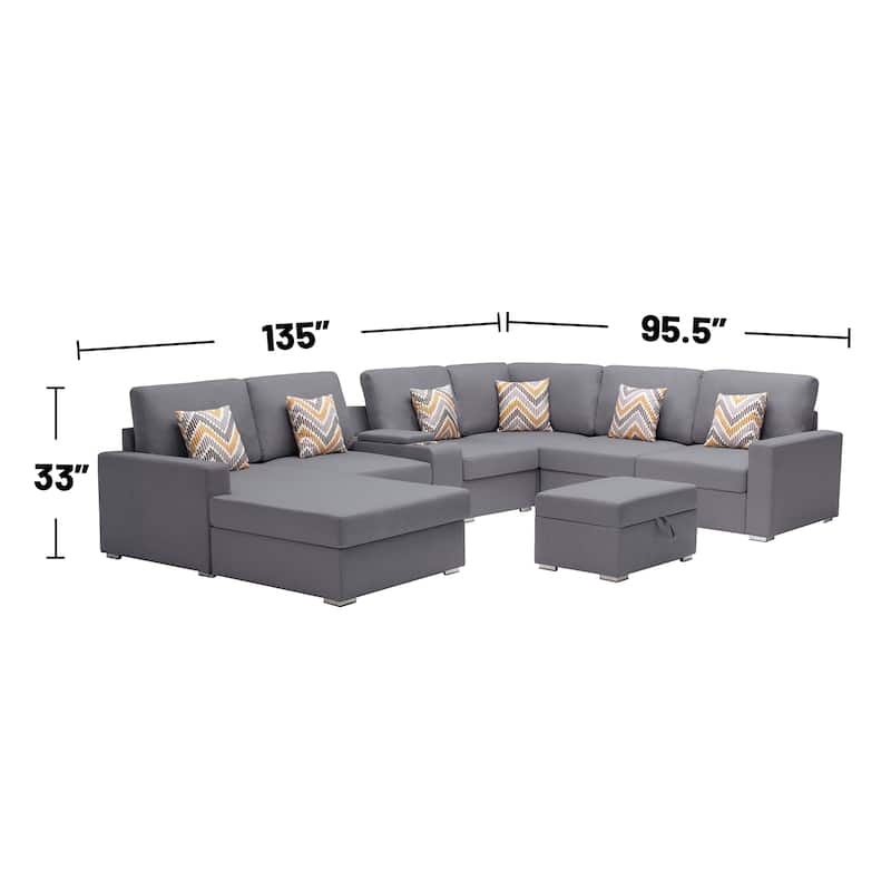 Linen Fabric 8 Piece Reversible Chaise Sectional Sofa with Storage Ottoman, and Storage Console Table