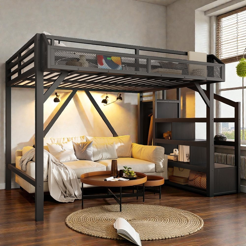 Metal Loft Bed with Storage Stairs, Wardrobe and Shelves, USB Ports and LED Lights, Noise Reduced Frame