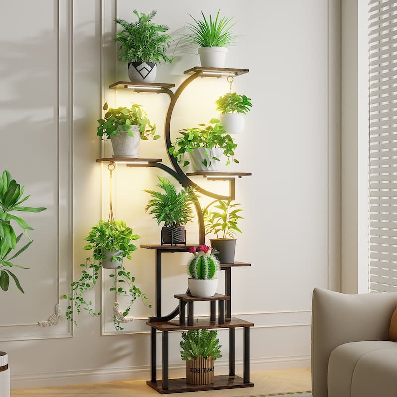 VECELO Indoor Plant Stand with Grow Lights 4 Styles 6/7/9 Shelves Adjustable Timer & Brightness Decorative Rack for Living Room - 02style